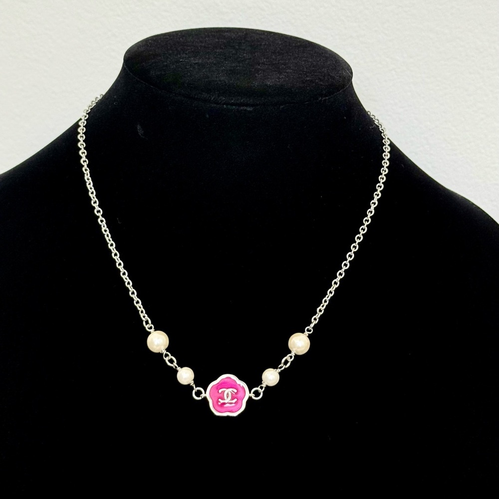 CC stamped Pink and Silver charm on Necklace